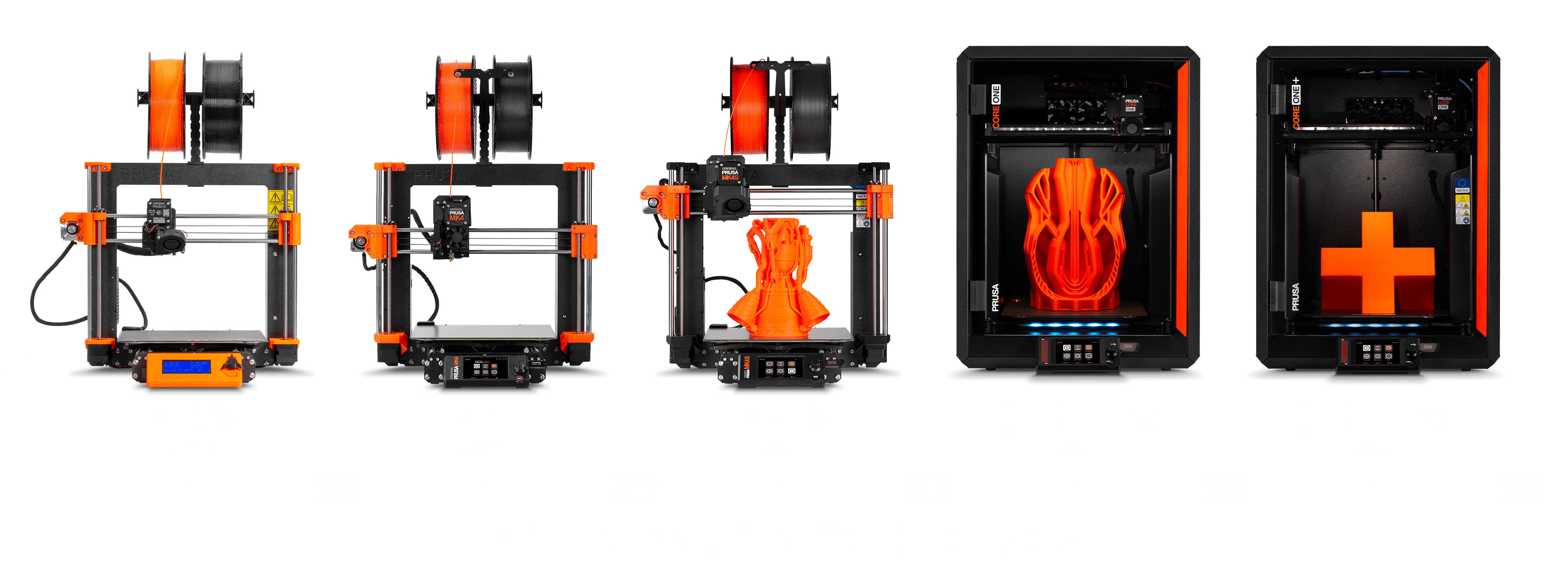 Evolution of 3D printers from MK3S to CORE One+ showing upgradeable design philosophy