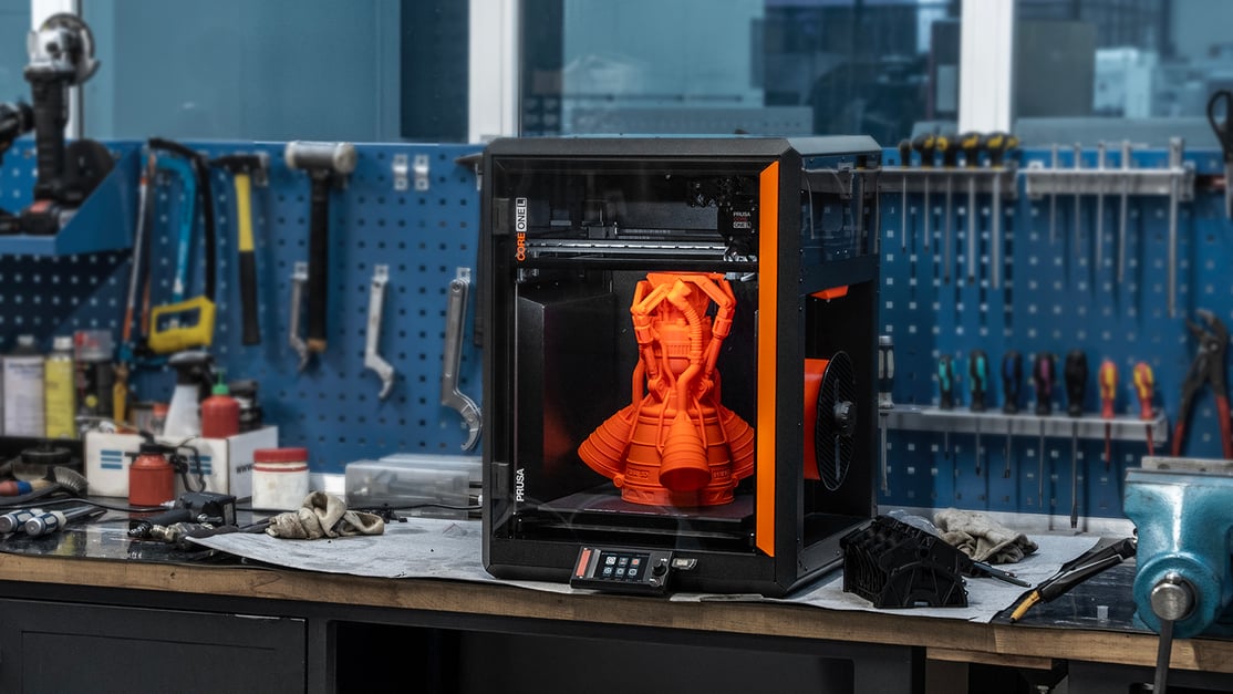 Original Prusa CORE One L 3D printer reviewing complex mechanical geometry with extreme accuracy