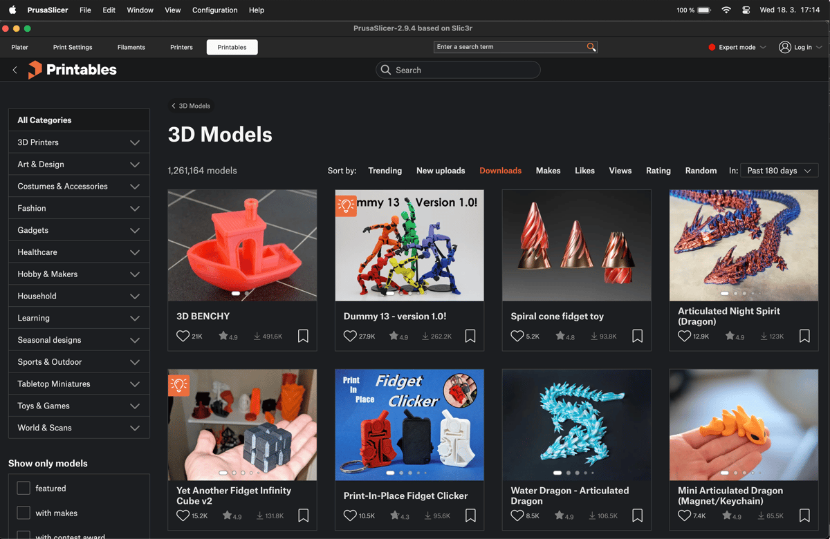 PrusaSlicer with the Printables.com browser panel open showing model search results