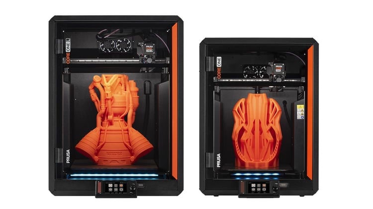Original Prusa CORE One L and standard CORE One side-by-side comparison showing the doubled 30-liter build volume design