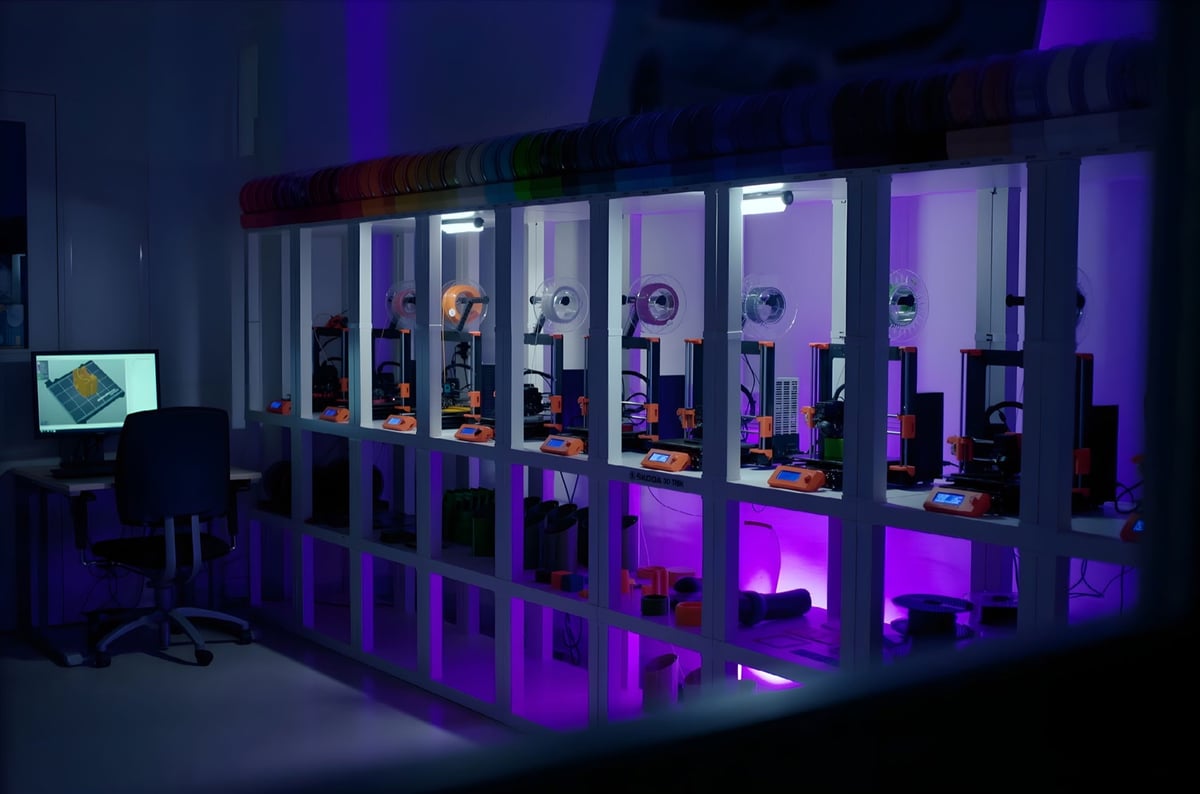 Prusa 3D printers in racks running as a print farm