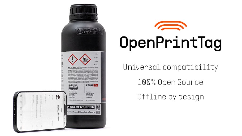 Redesigned Prusament resin bootle showing NFC tag and phone