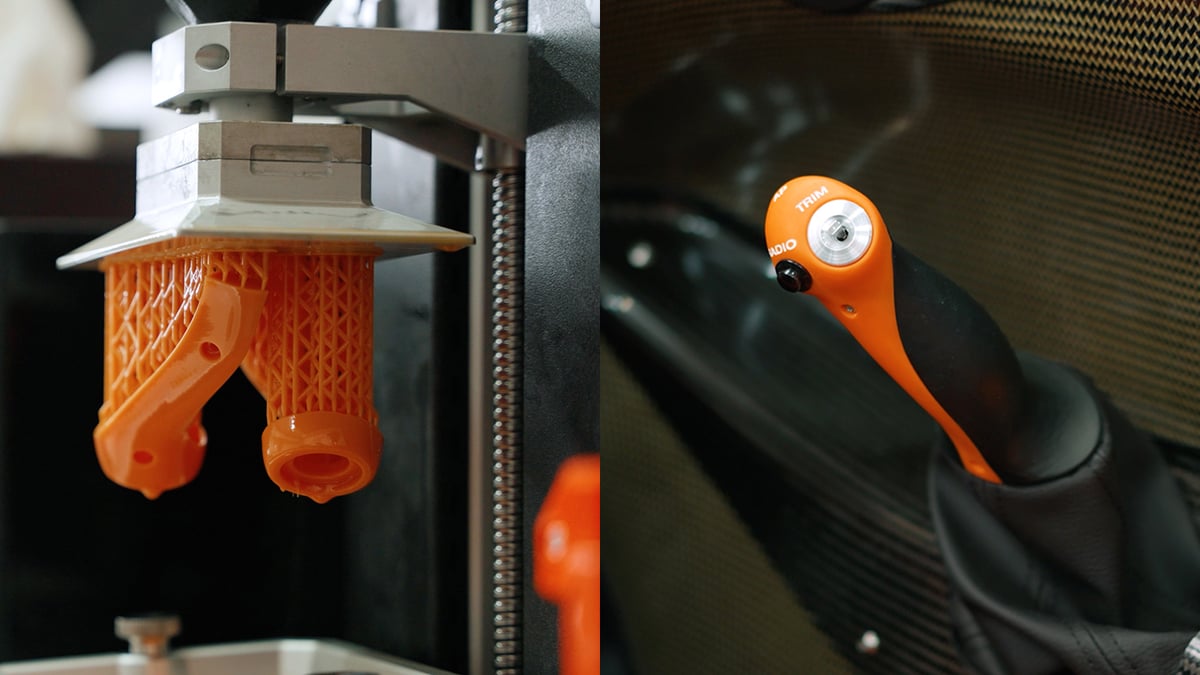 A control stick curing on an SLA build plate beside the finished stick fitted in the cockpit