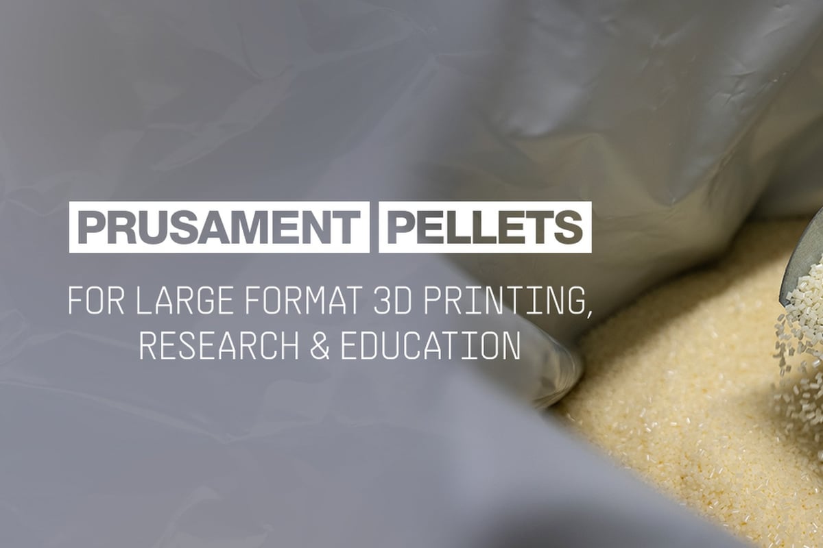 A metal scoop of pale pellets over an open bag, with the Prusament Pellets logo