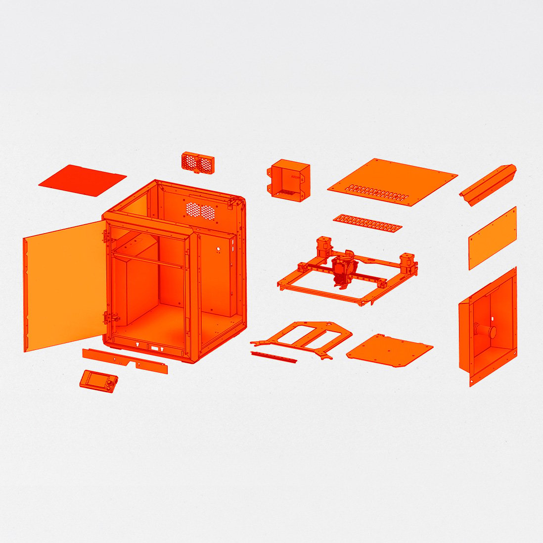 Exploded view of the Prusa CORE One+ steel frame and components