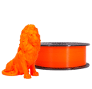 Une bobine de Prusament PLA Prusa Orange à côté d'un lion orange imprimé
