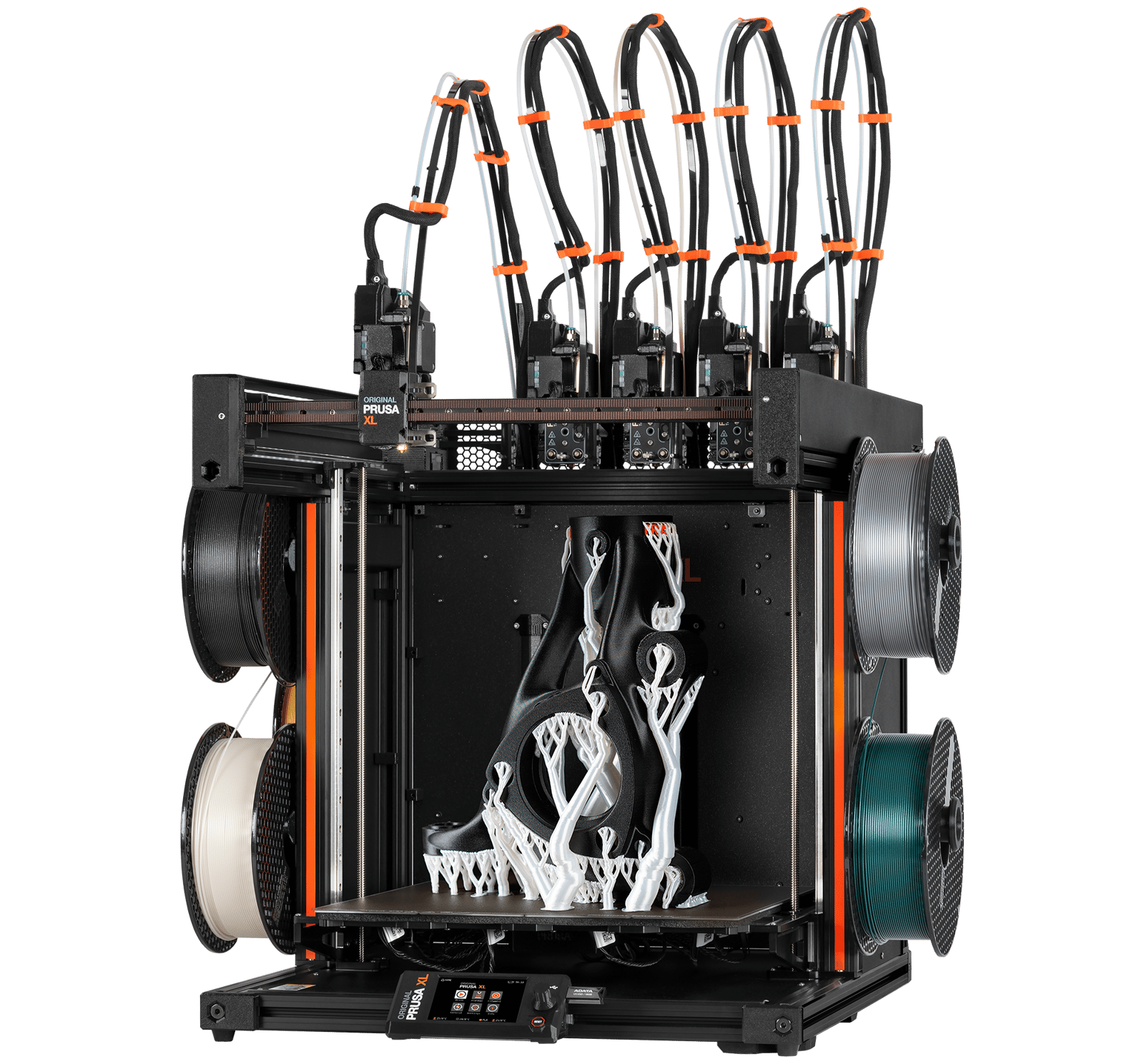 Original Prusa XL+ z pięciogłowicową zmieniarką narzędzi, drukująca biały model
