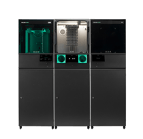 The Prusa Pro SLX, a dark resin production cabinet with a green-lit build chamber