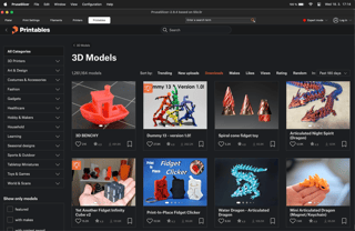 PrusaSlicer with the Printables.com browser panel open showing model search results