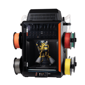 Assembled CORE One+ with INDX and eight loaded materials ready for high-speed multi-material 3D printing.