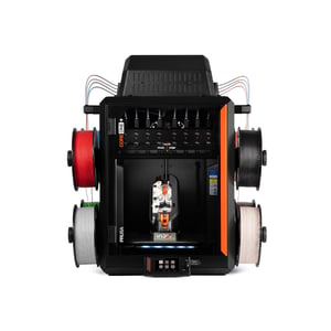 Assembled CORE One+ with INDX and eight loaded materials ready for high-speed multi-material 3D printing.