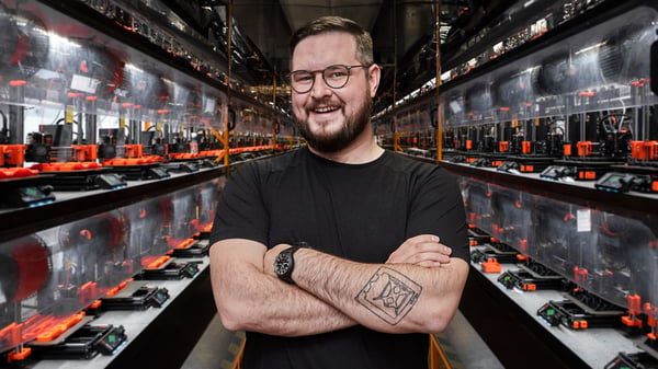Prusa Research printing farm with hundreds of printers in racks