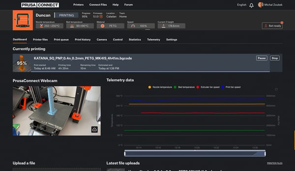 The Prusa Connect dashboard showing a printer fleet